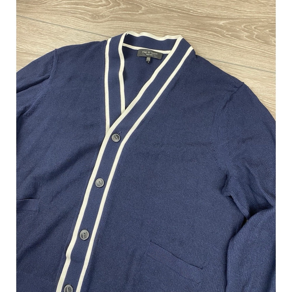 Rag And Bone Men's Edmond V Neck Button Front Cardigan Navy Blue Size XXL